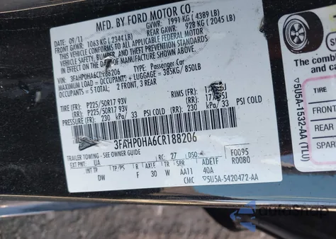 2012 Ford Fusion Se из США, поврежденный, VIN 3FAHP0HA6CR188206